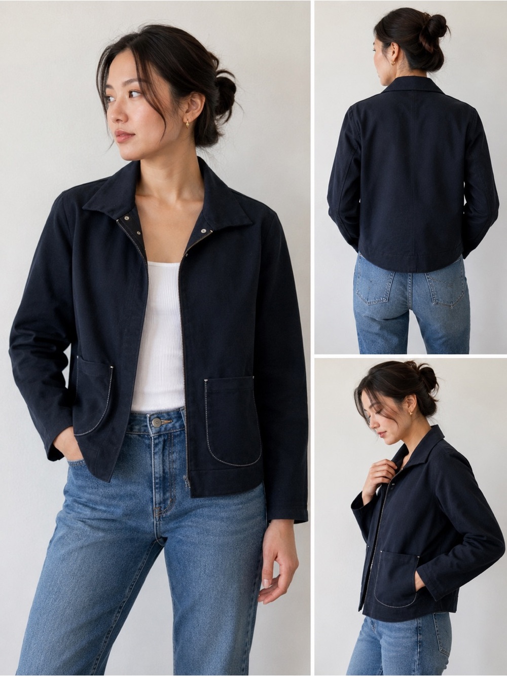 Vintage 90s Minimalist Navy Workwear Jacket USA Made Cotton Chore Coat Snap Up S - Picture 6 of 13